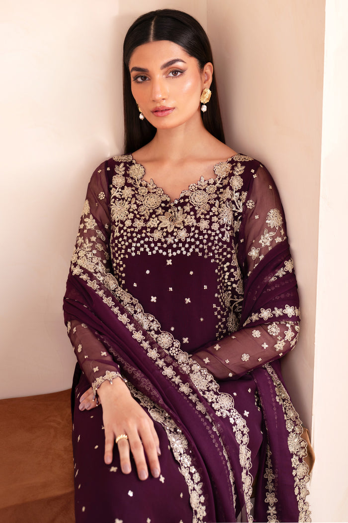 Farasha Luxury Formal Embroidered Chiffon Unstitched 3Pc Suit - Mulberry