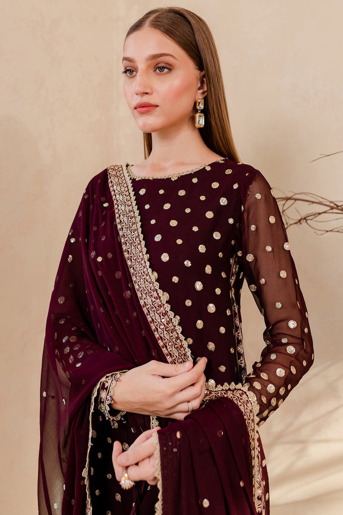 Farasha Luxury Formal Embroidered Chiffon Unstitched 3Pc Suit - Mulberry Glaze