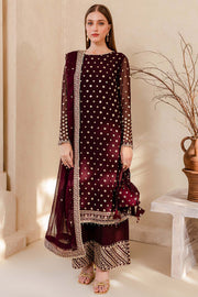 Farasha Luxury Formal Embroidered Chiffon Unstitched 3Pc Suit - Mulberry Glaze