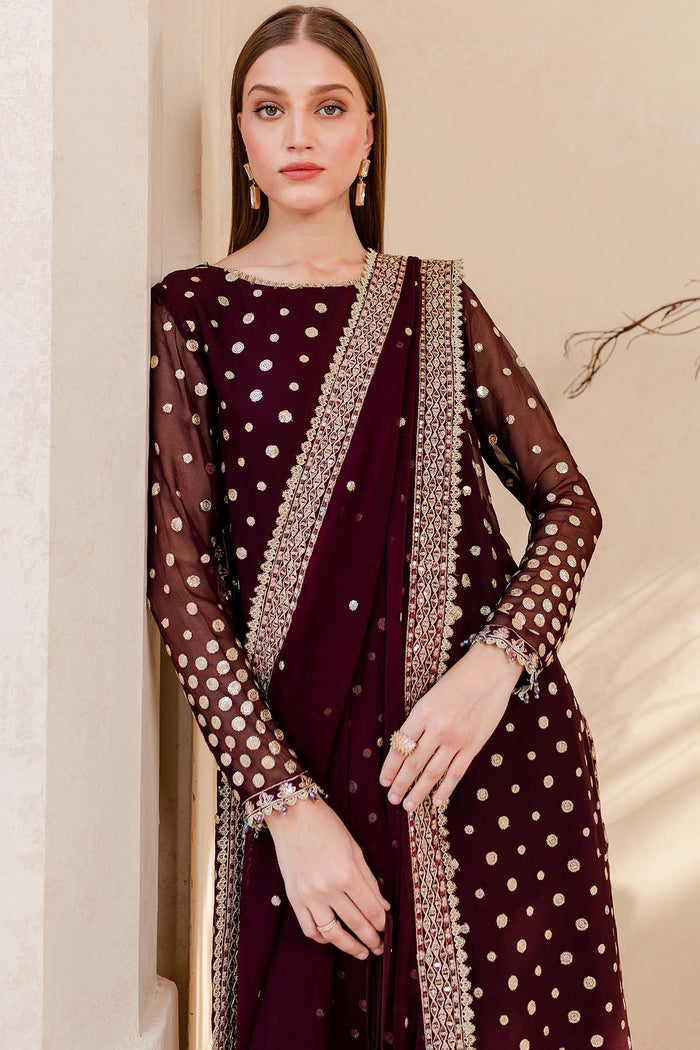 Farasha Luxury Formal Embroidered Chiffon Unstitched 3Pc Suit - Mulberry Glaze