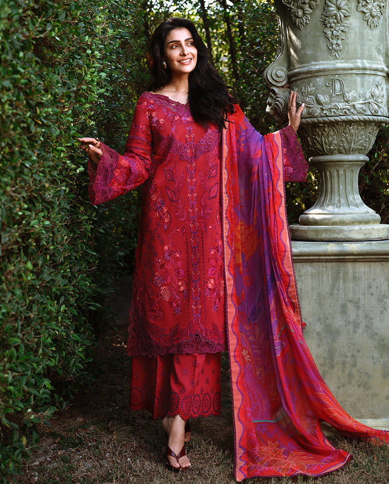 Mushq A Moi Chikan Embroidered Lawn Unstitched 3Pc Suit - Falling Petals