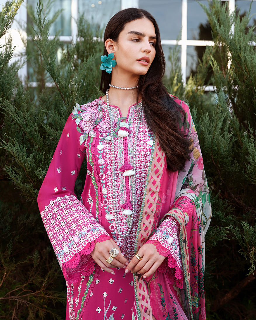 Mushq A Moi Chikan Embroidered Lawn Unstitched 3Pc Suit - Blushing Rose