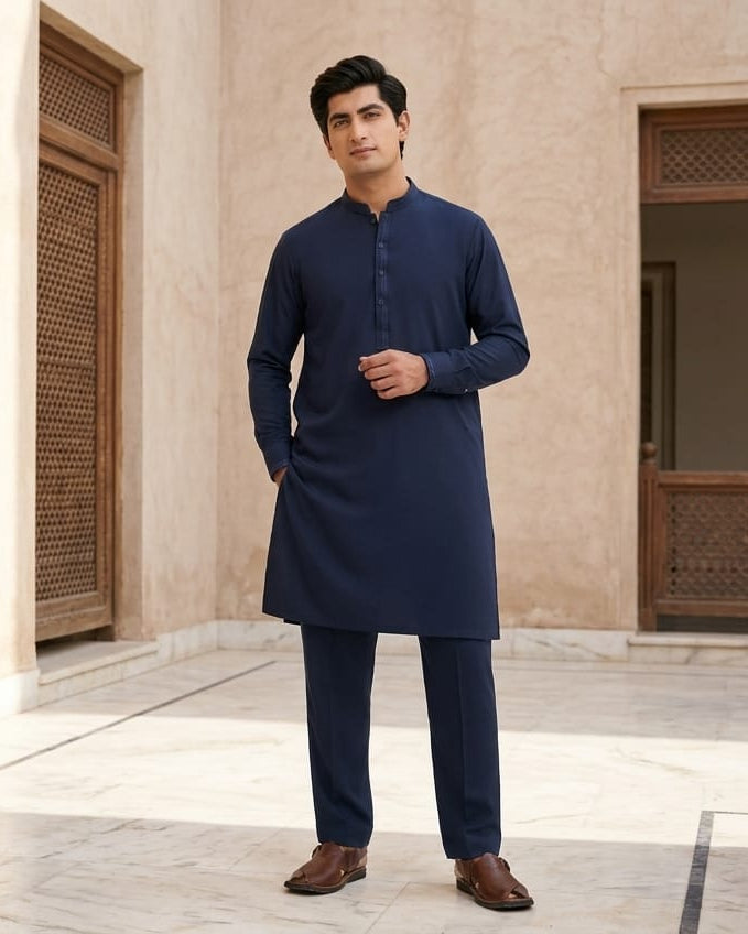 Sky Light by Fabrieco Men's Unstitched Soft Blended Suit - Navy