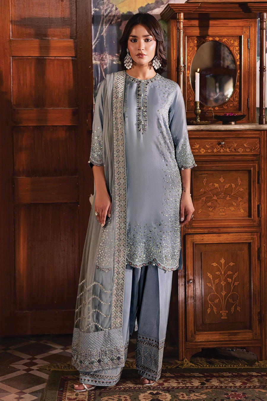 Nureh Nur Mahal Festive Embroidered Silk Unstitched 3Pc Suit NE-195