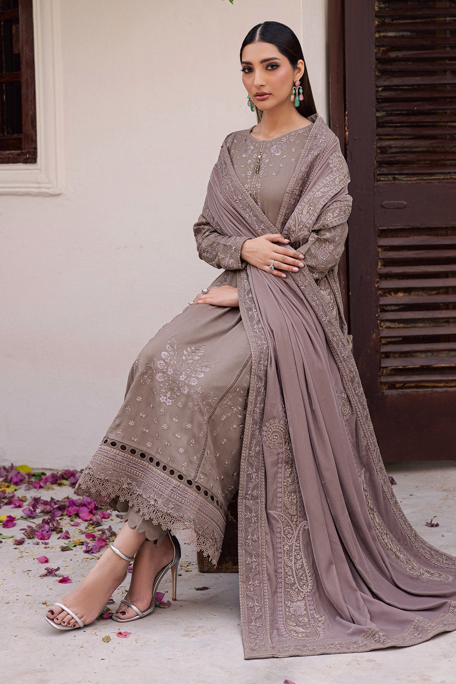 NUREH Exclusive Embroidered Leather Peach Unstitched 3Pc Suit NE-201