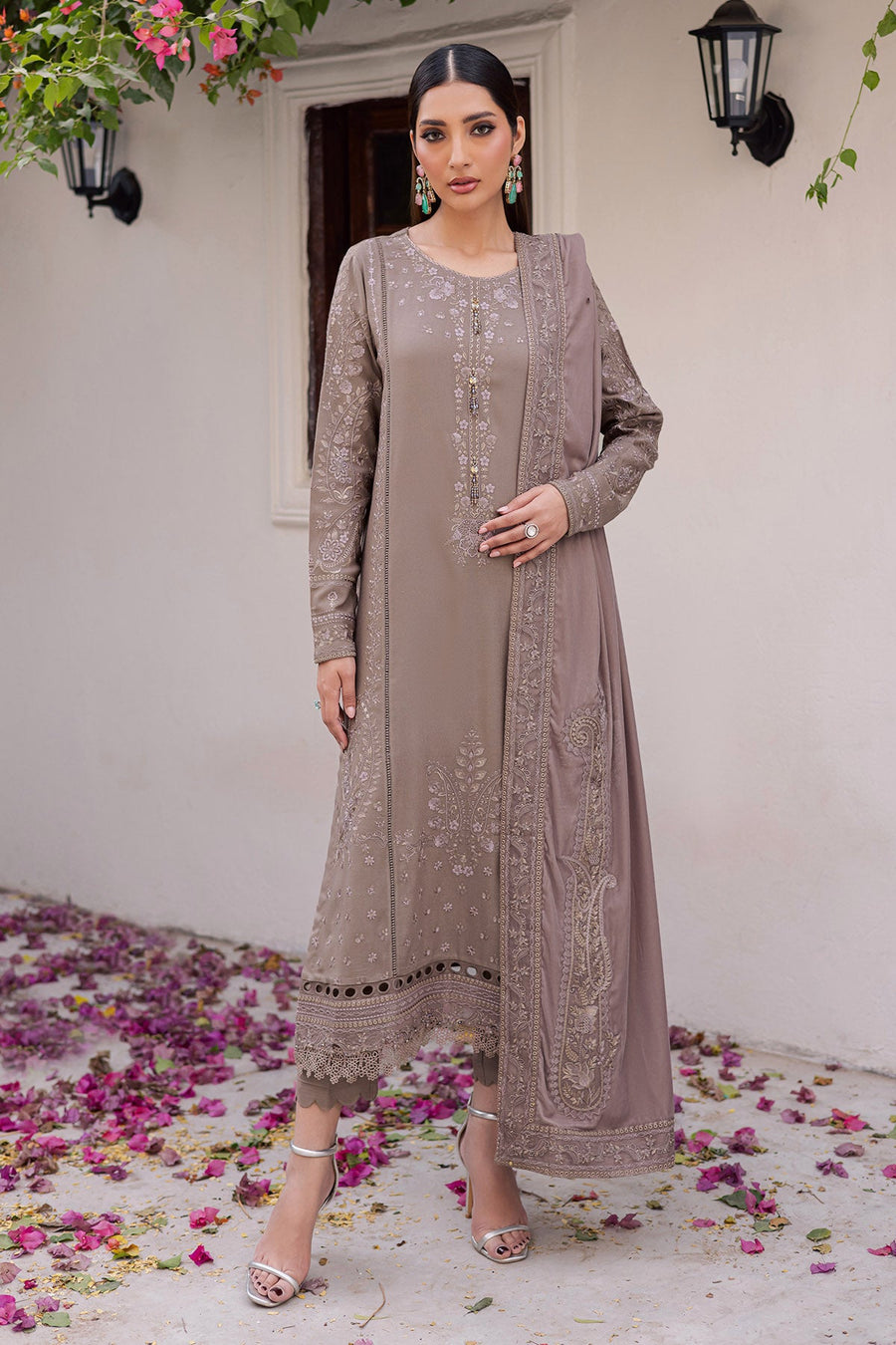 NUREH Exclusive Embroidered Leather Peach Unstitched 3Pc Suit NE-201