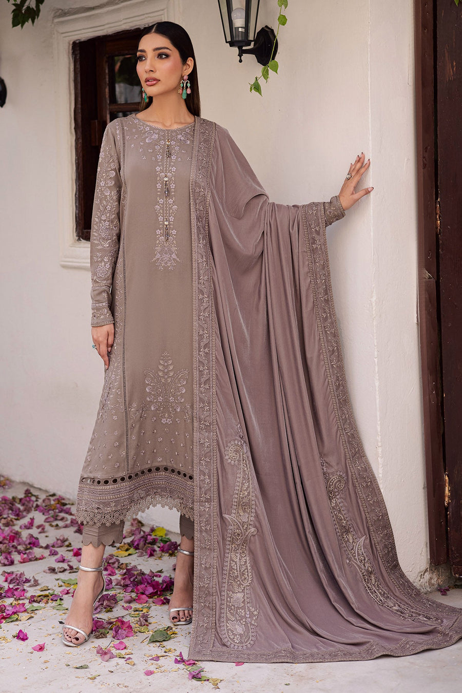 NUREH Exclusive Embroidered Leather Peach Unstitched 3Pc Suit NE-201
