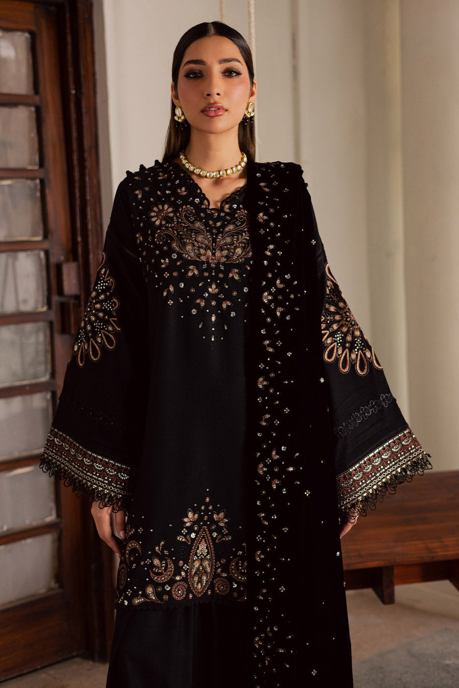 NUREH Exclusive Embroidered Leather Peach Unstitched 3Pc Suit NE-202