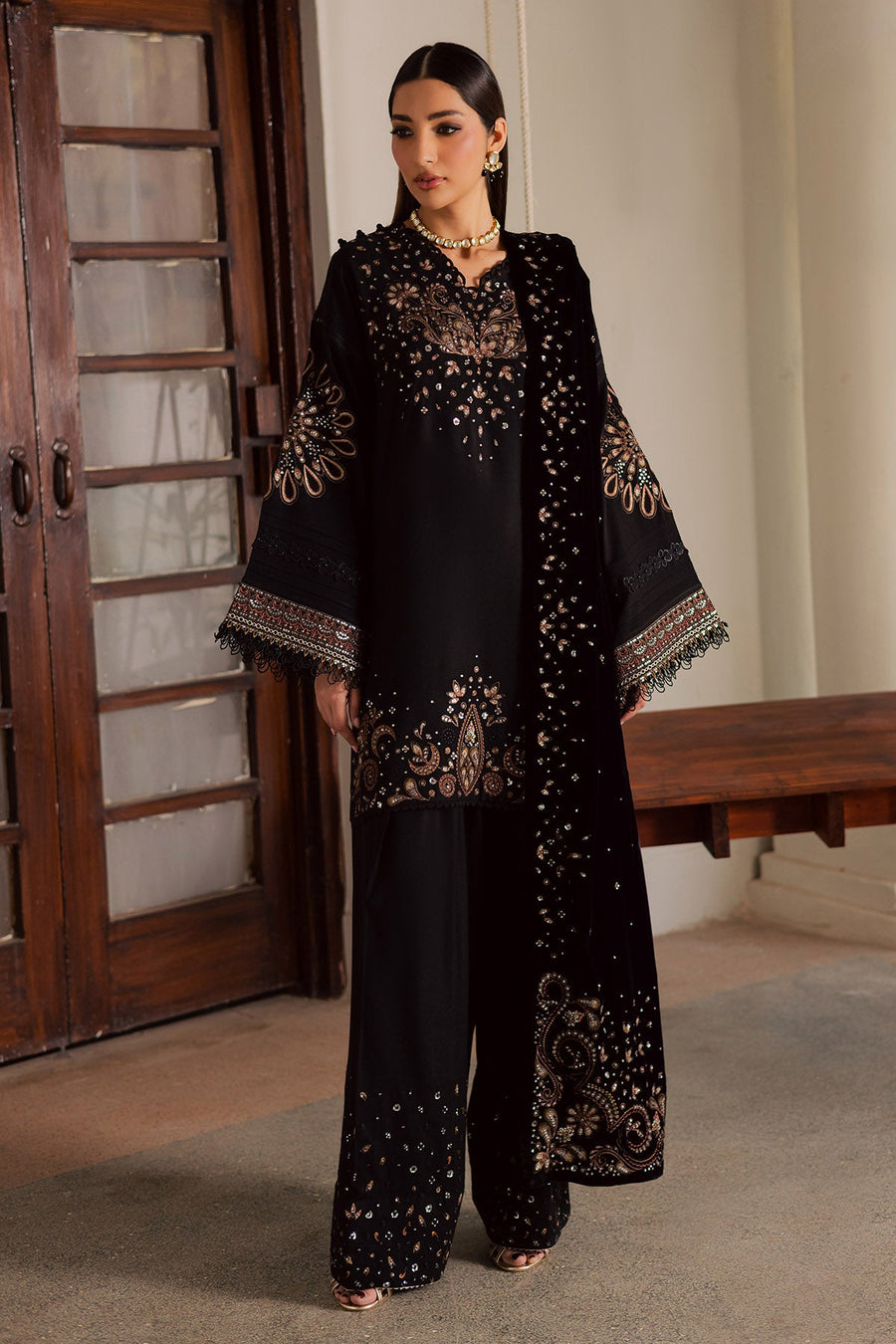 NUREH Exclusive Embroidered Leather Peach Unstitched 3Pc Suit NE-202