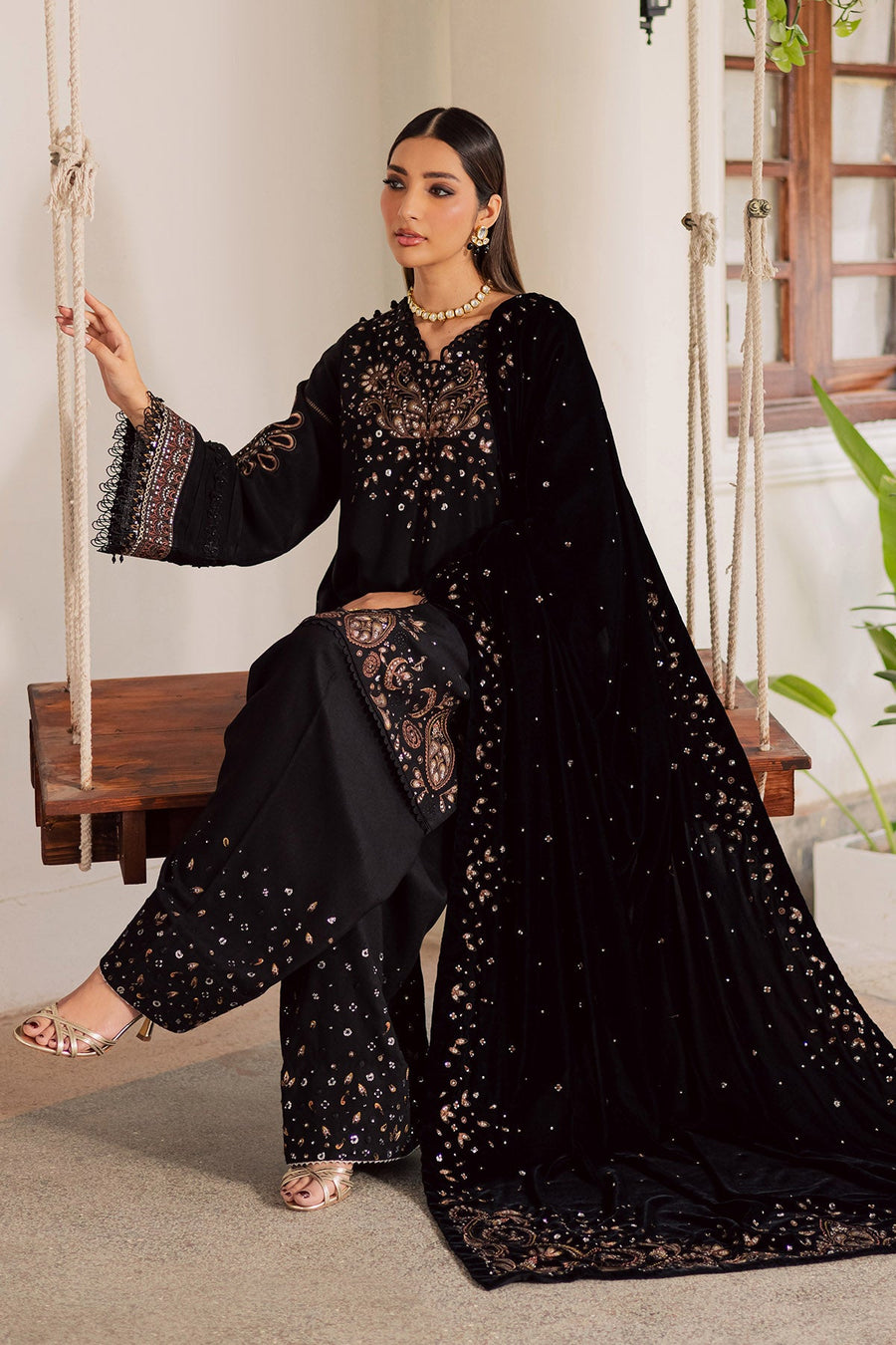 NUREH Exclusive Embroidered Leather Peach Unstitched 3Pc Suit NE-202