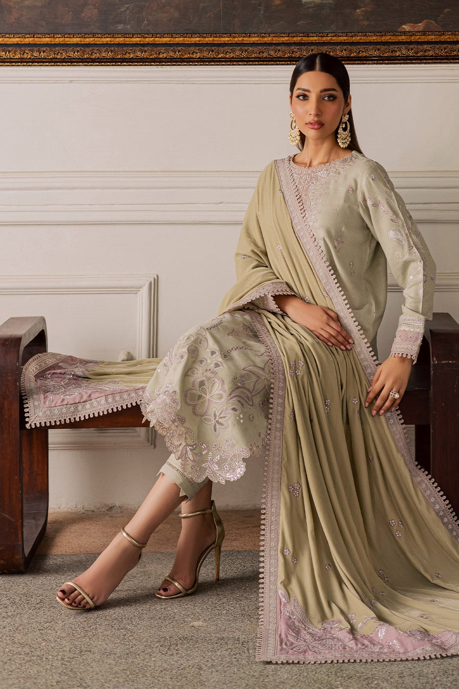 NUREH Exclusive Embroidered Leather Peach Unstitched 3Pc Suit NE-203