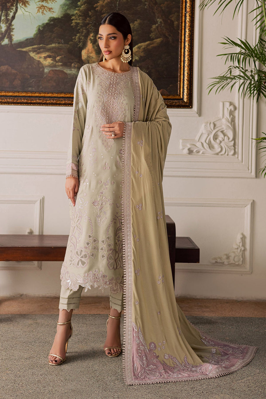 NUREH Exclusive Embroidered Leather Peach Unstitched 3Pc Suit NE-203