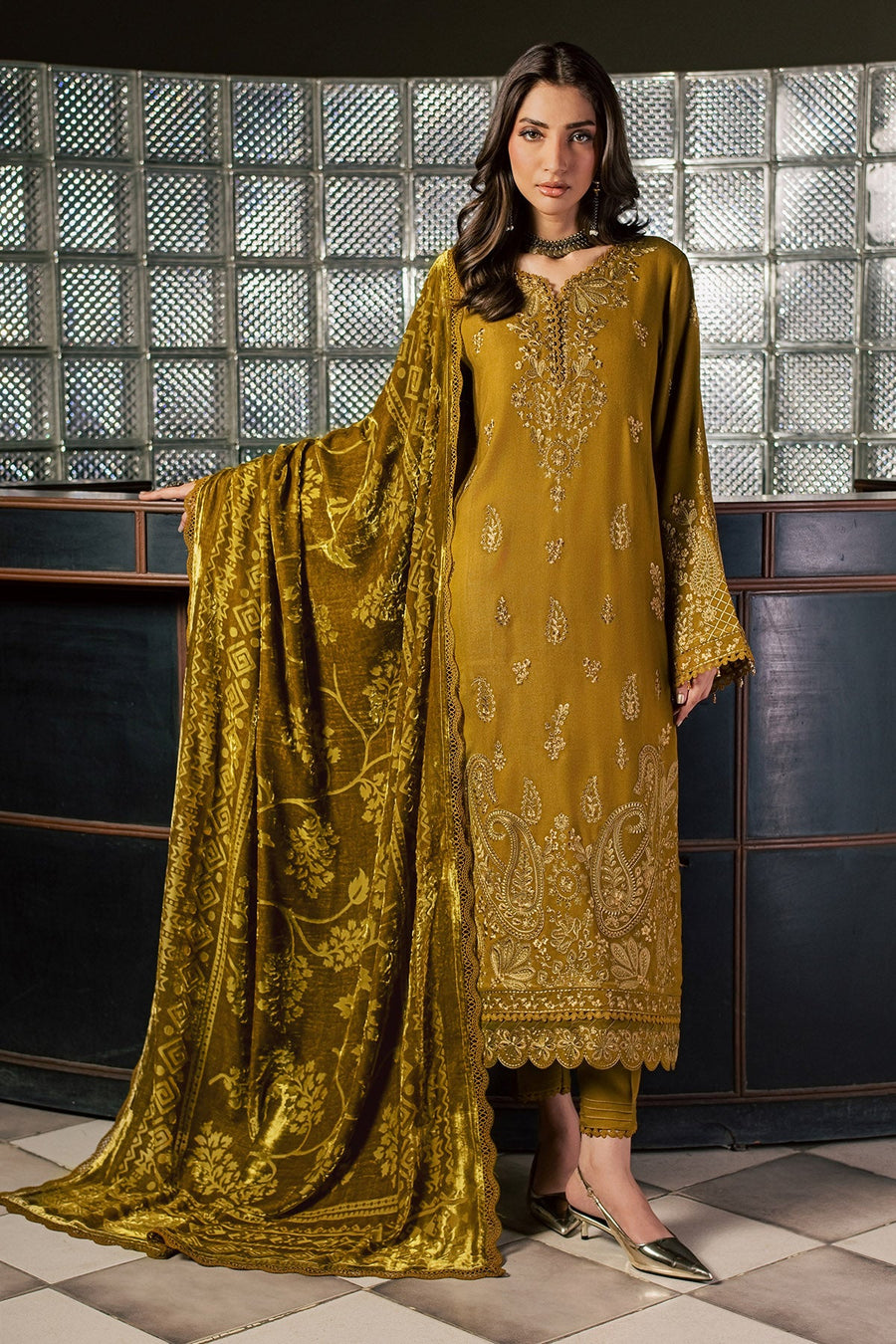 NUREH Exclusive Embroidered Leather Peach Unstitched 3Pc Suit NE-283