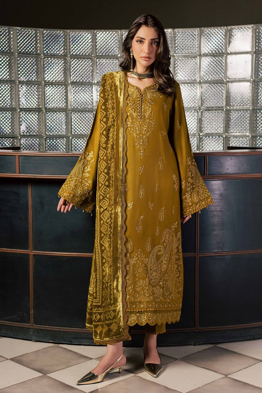 NUREH Exclusive Embroidered Leather Peach Unstitched 3Pc Suit NE-283