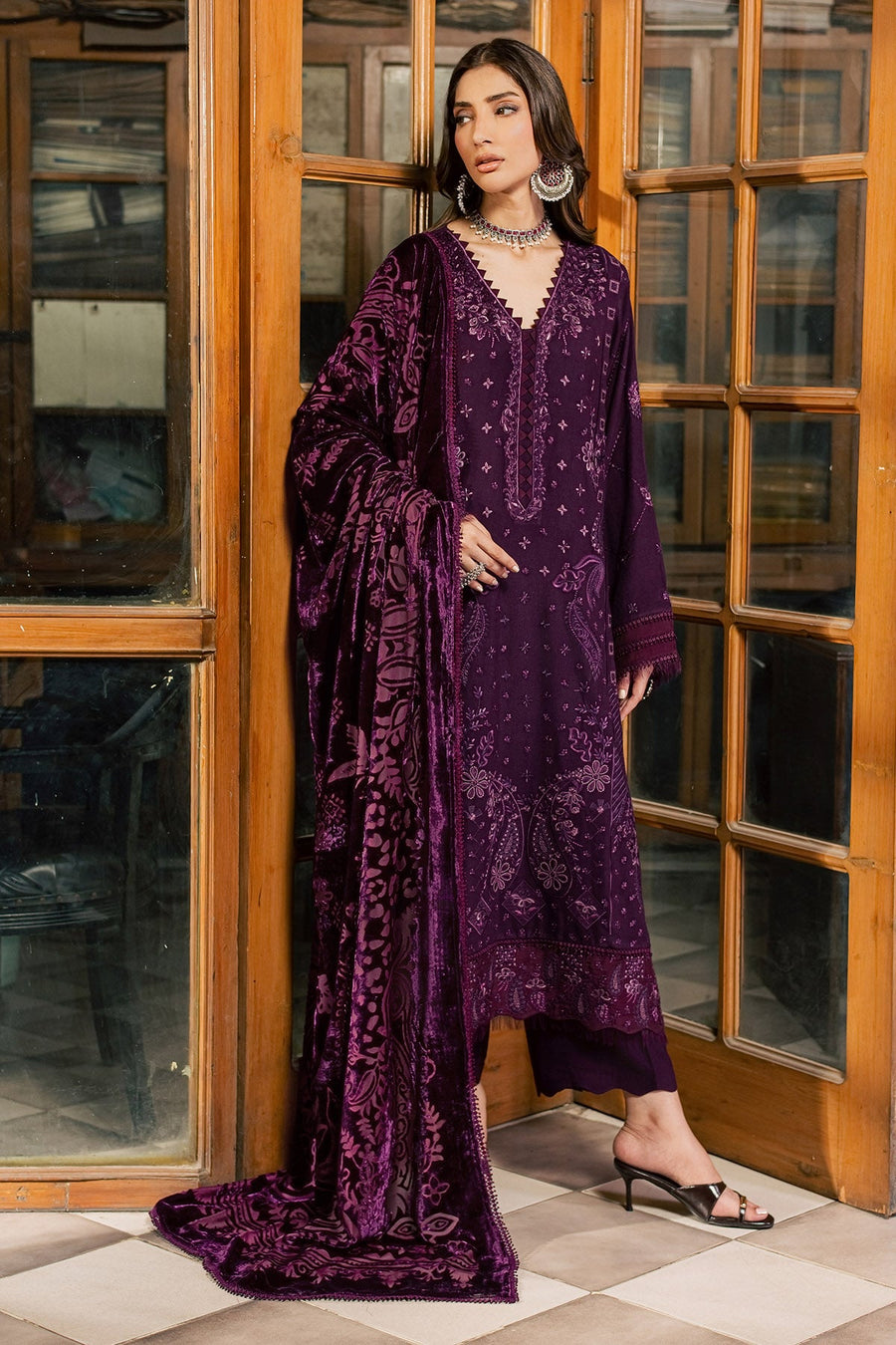 NUREH Exclusive Embroidered Leather Peach Unstitched 3Pc Suit NE-284