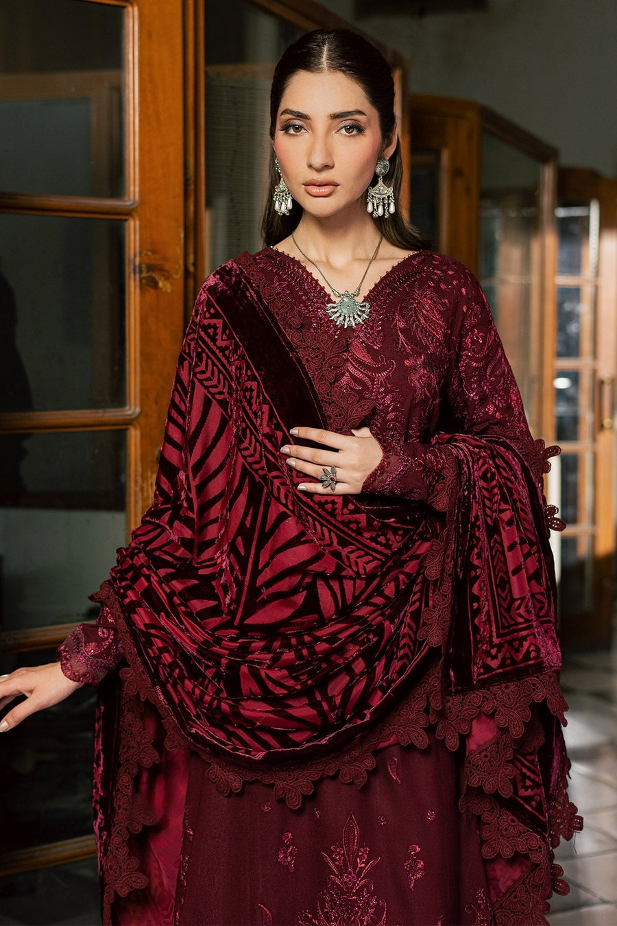 NUREH Exclusive Embroidered Leather Peach Unstitched 3Pc Suit NE-286