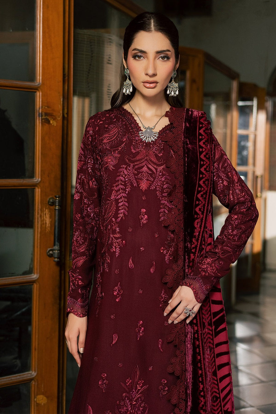 NUREH Exclusive Embroidered Leather Peach Unstitched 3Pc Suit NE-286
