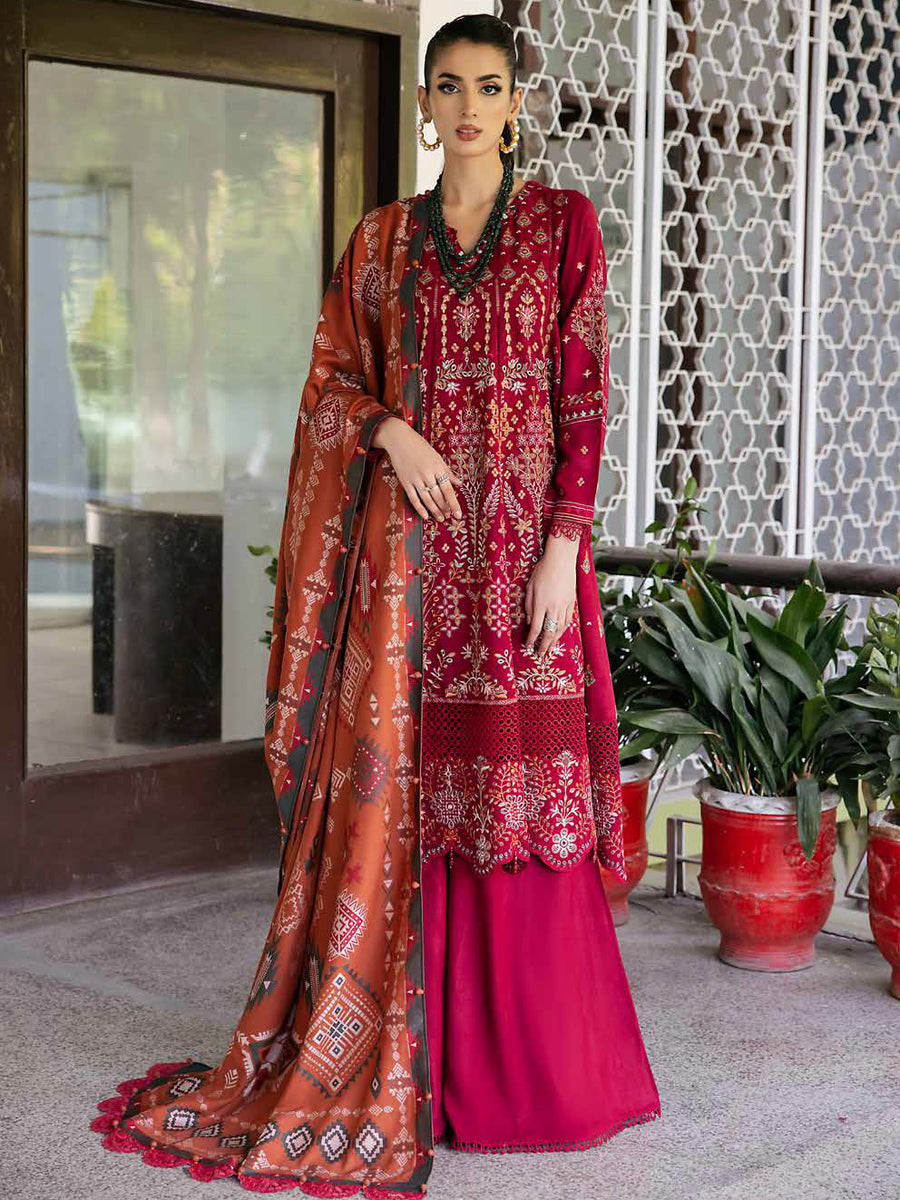 NUREH Exclusive Unstitched Embroidered Leather Peach 3Pc Suit NE-56