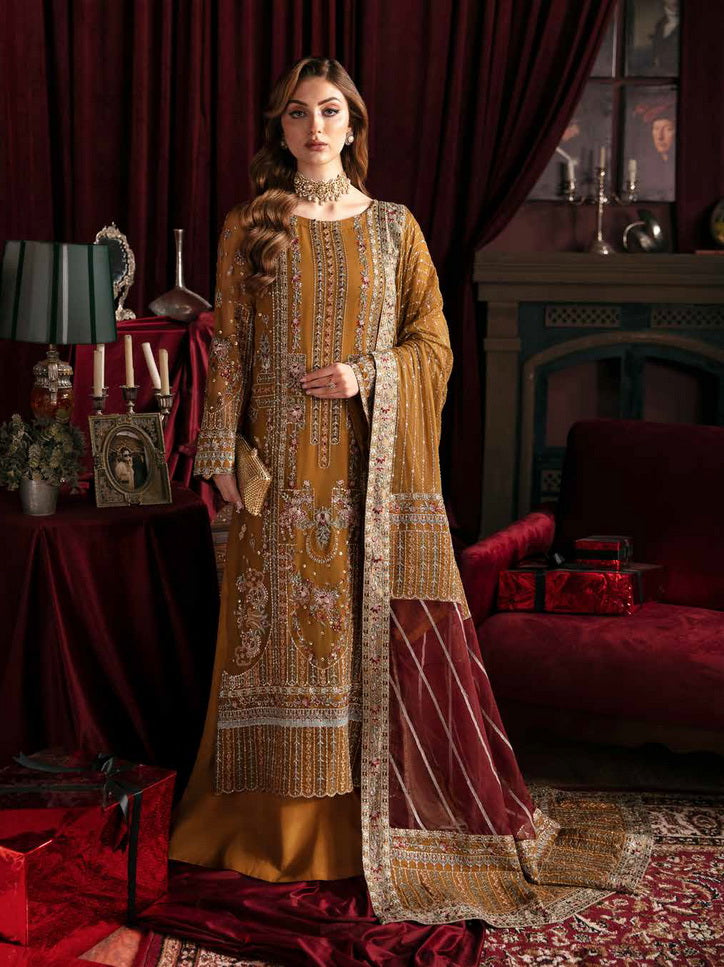 Nureh Elanora Embroidered Chiffon Unstitched 3Pc Suit NEL-37 Crimson