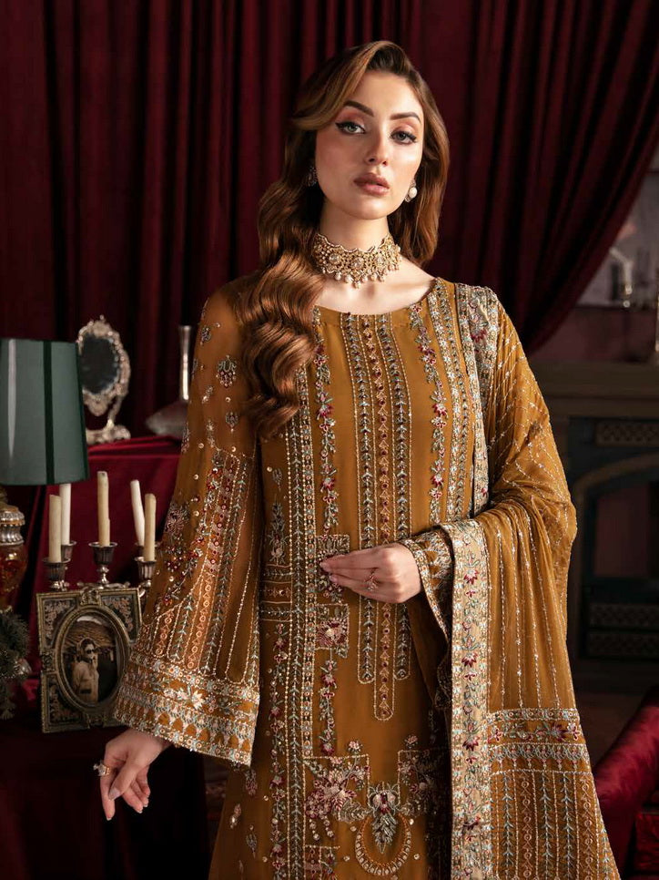 Nureh Elanora Embroidered Chiffon Unstitched 3Pc Suit NEL-37 Crimson