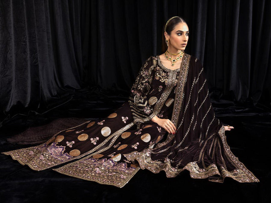 NUREH Maya Embroidered Velvet Unstitched 3Pc Suit NS-103 MOORE