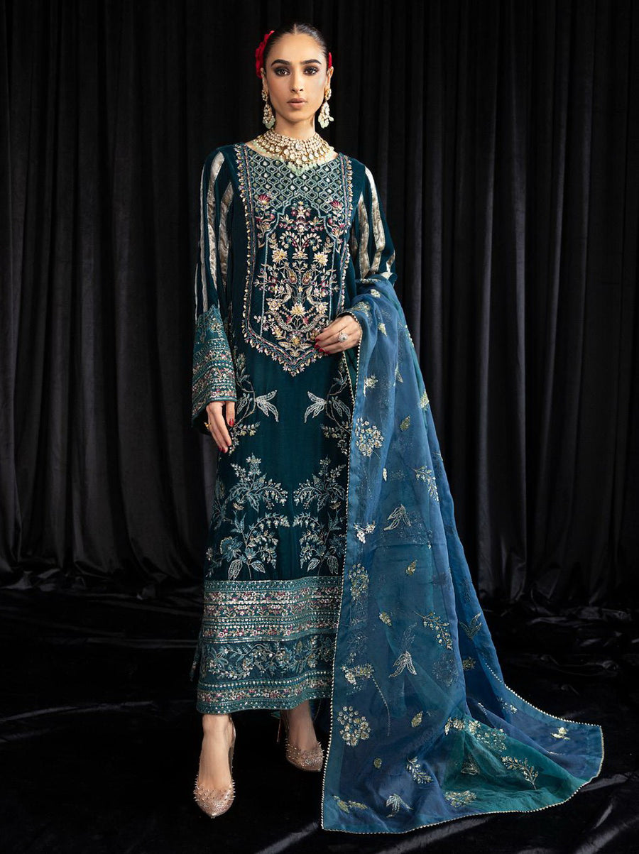 NUREH Maya Embroidered Velvet Unstitched 3Pc Suit NS-107 LEHAR