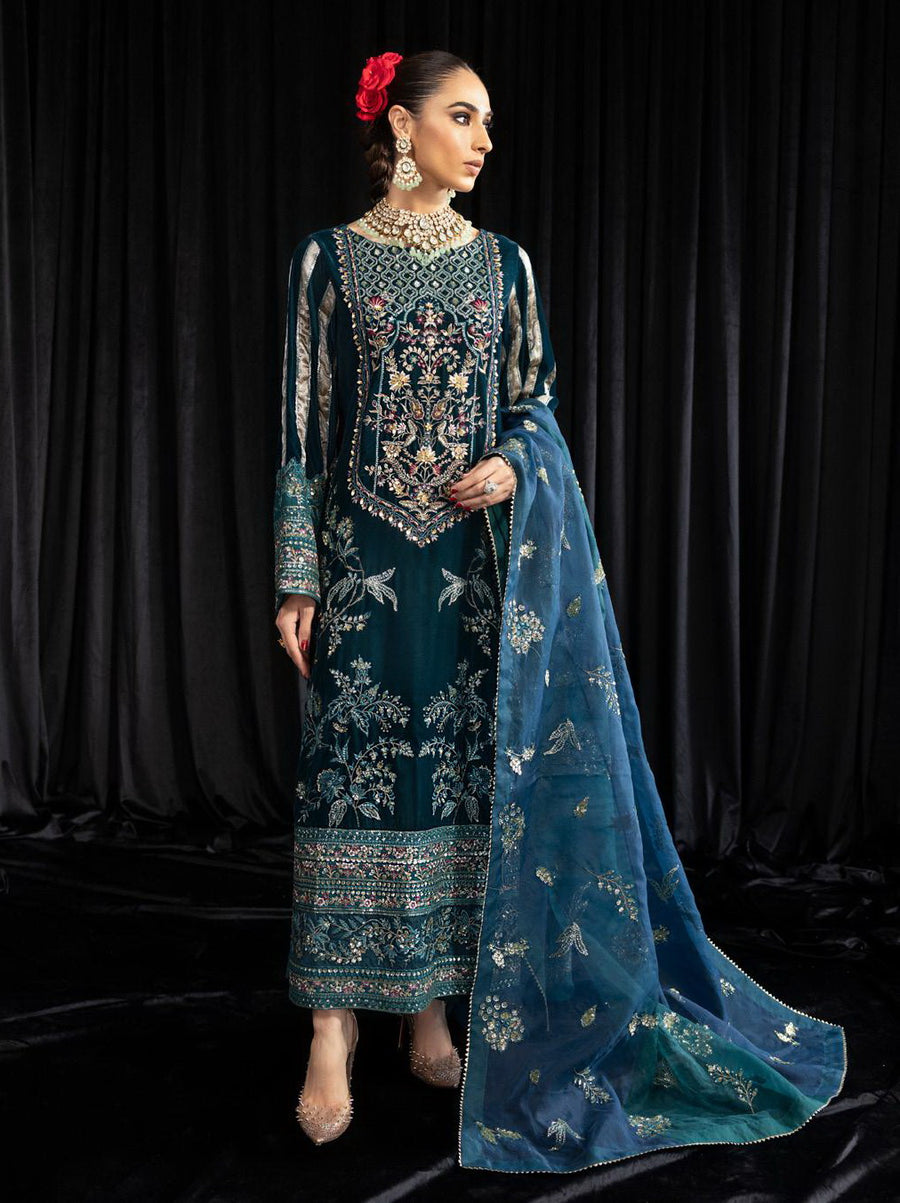 NUREH Maya Embroidered Velvet Unstitched 3Pc Suit NS-107 LEHAR