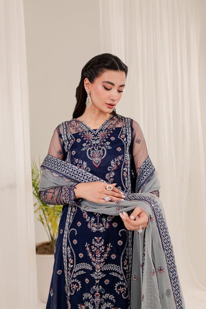 Farasha Lumiere Luxury Embroidered Net Unstitched 3Pc Suit - Natalie