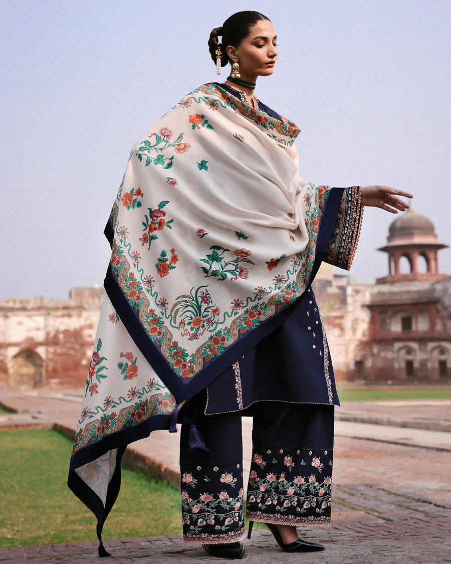 Jugnu Lahore Womenswear Embroidered Khaddar Unstitched 3Pc Suit - NAVI
