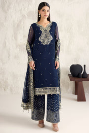 Farasha Embroidered Luxury Chiffon Unstitched 3Pc Suit - Navy Lumina
