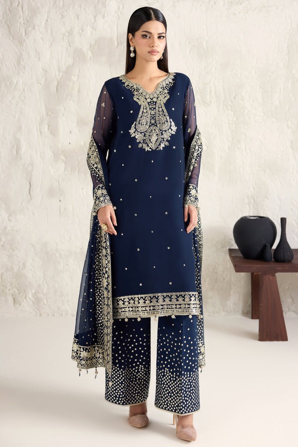 Farasha Embroidered Luxury Chiffon Unstitched 3Pc Suit - Navy Lumina