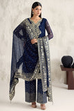 Farasha Embroidered Luxury Chiffon Unstitched 3Pc Suit - Navy Lumina