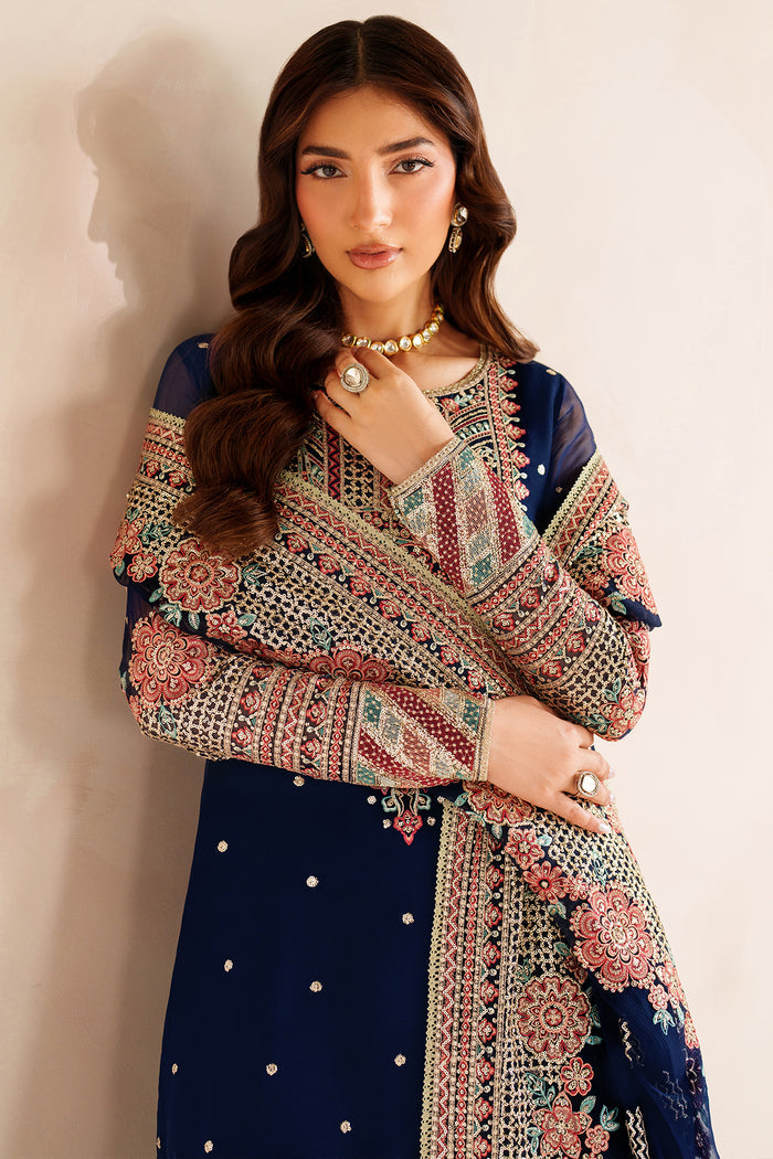 Farasha Luxury Embroidered Chiffon Unstitched 3Pc Suit - Navy Lux