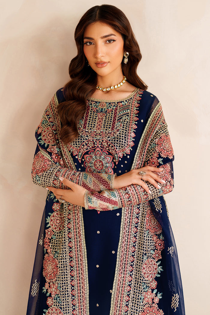 Farasha Luxury Embroidered Chiffon Unstitched 3Pc Suit - Navy Lux