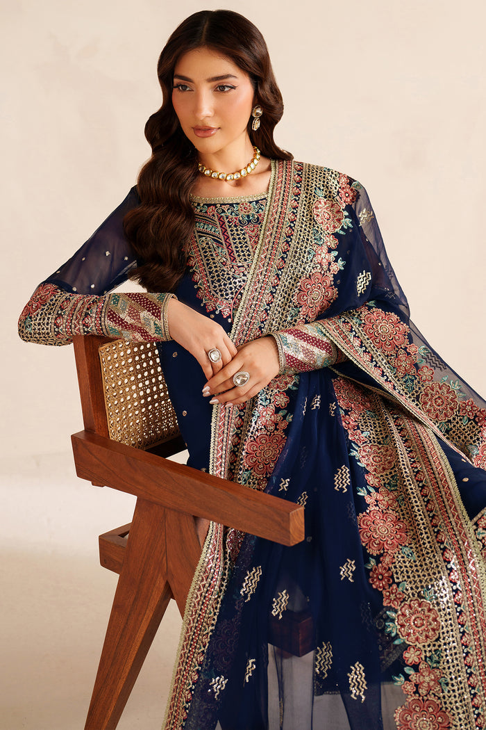 Farasha Luxury Embroidered Chiffon Unstitched 3Pc Suit - Navy Lux