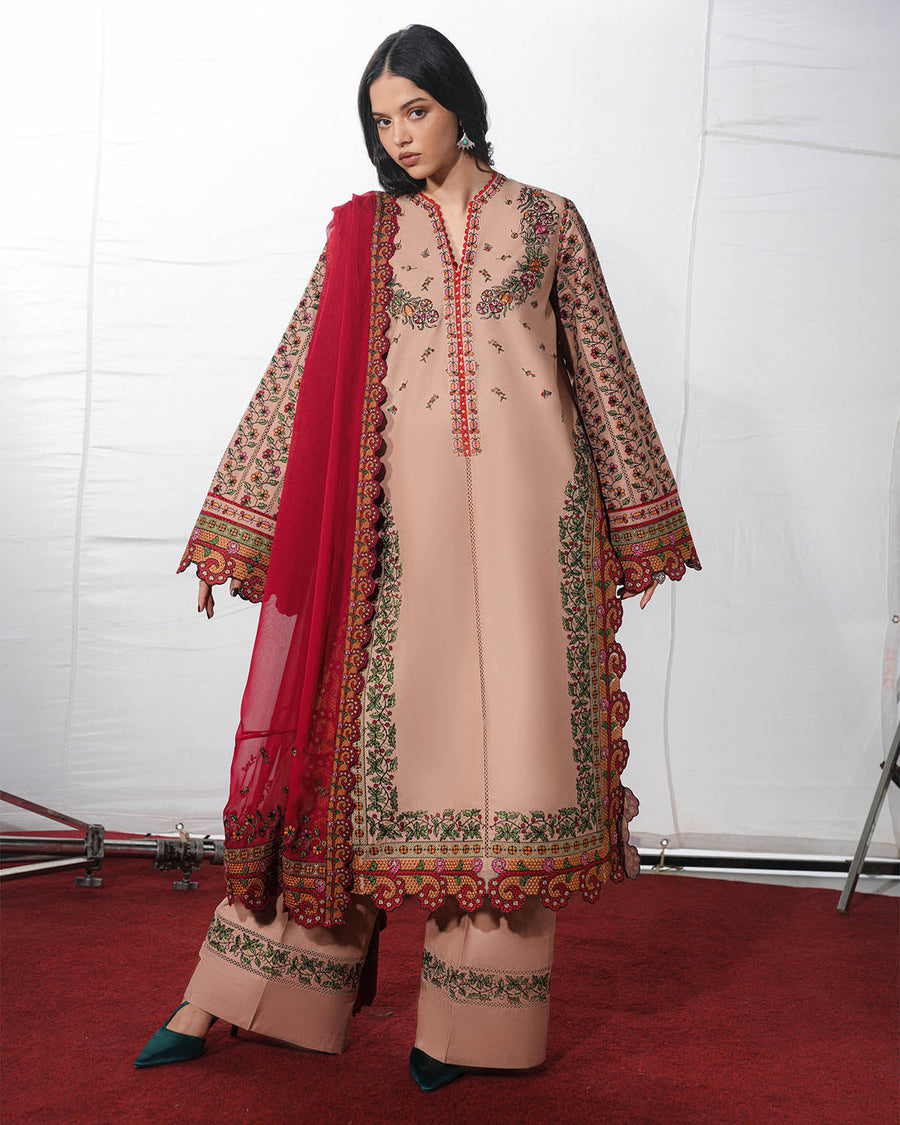 Jugnu Lahore The Reserved View Embroidered Cotton Unstitched 3Pc Suit - Nazeh