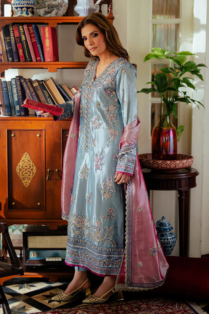Mushq Sunehri Ramsha Edit Satin Zari Stitched 3Pc Suit - Neelam