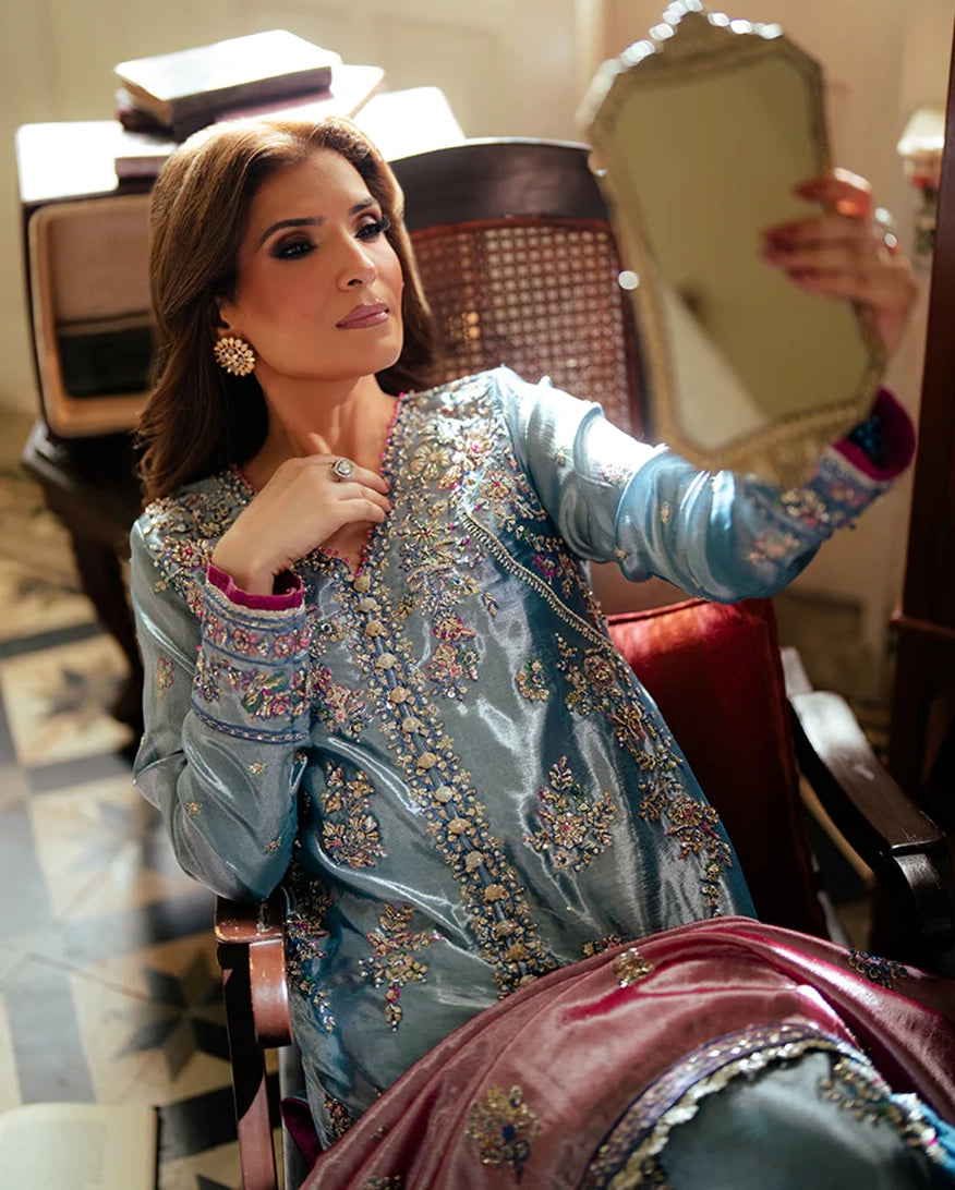 Mushq Sunehri Ramsha Edit Satin Zari Stitched 3Pc Suit - Neelam