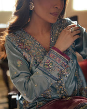 Mushq Sunehri Ramsha Edit Satin Zari Stitched 3Pc Suit - Neelam