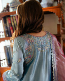 Mushq Sunehri Ramsha Edit Satin Zari Stitched 3Pc Suit - Neelam