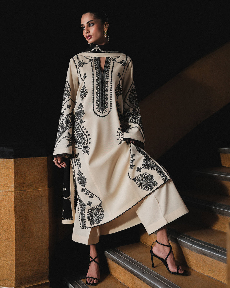 Jugnu Lahore Womenswear Embroidered Karandi Unstitched 3Pc Suit - NIGAH