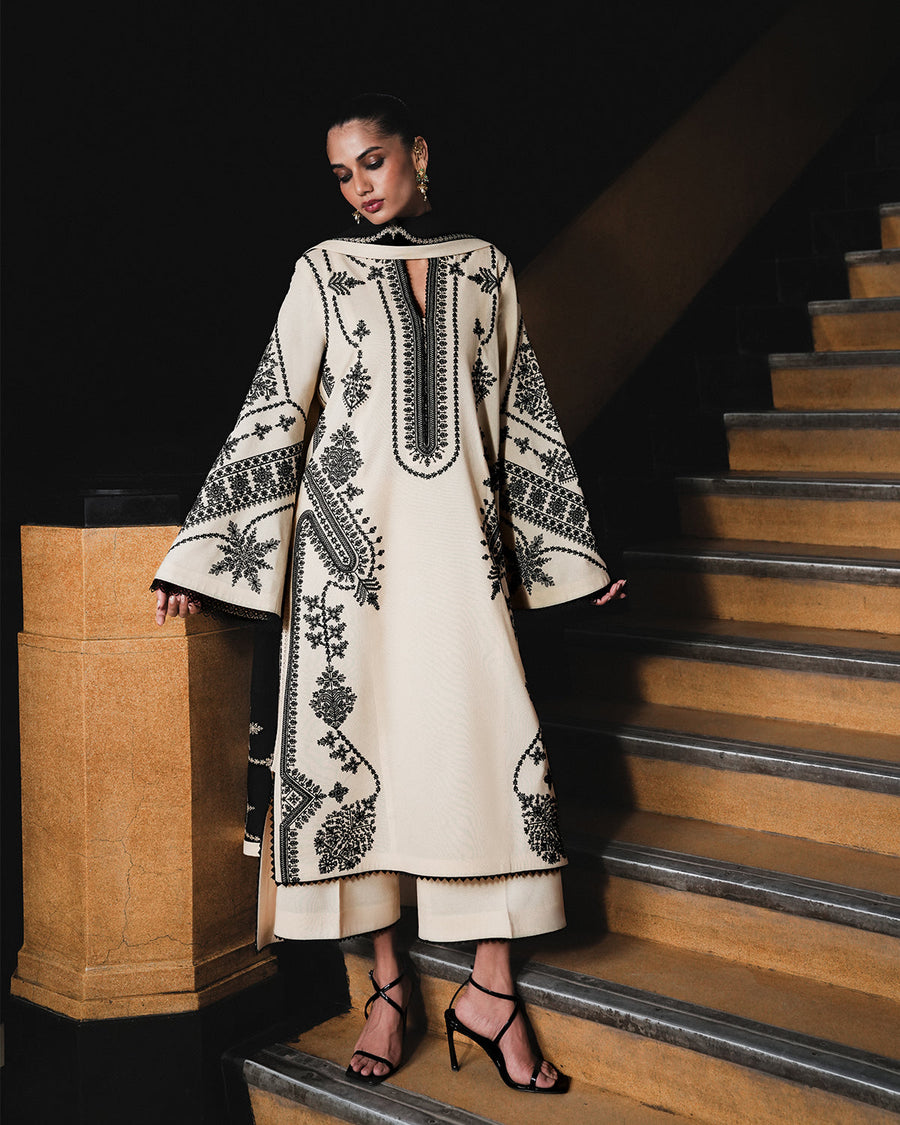 Jugnu Lahore Womenswear Embroidered Karandi Unstitched 3Pc Suit - NIGAH