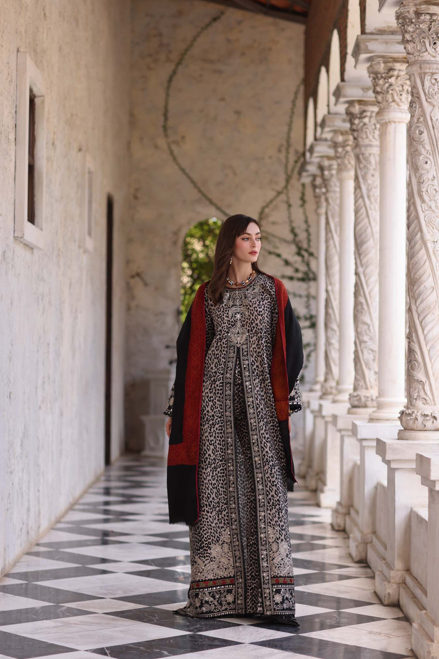 Noor by Saadia Asad Embroidered Khaddar Unstitched 3Pc Suit D-01 Noir Safari