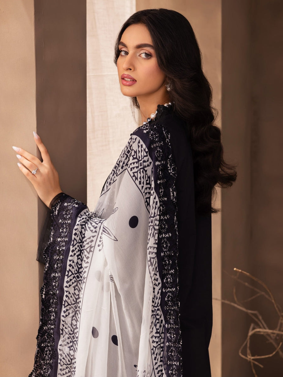 NUREH Koyal Monochrome Unstitched Chikankari Lawn 3Pc Suit B-02