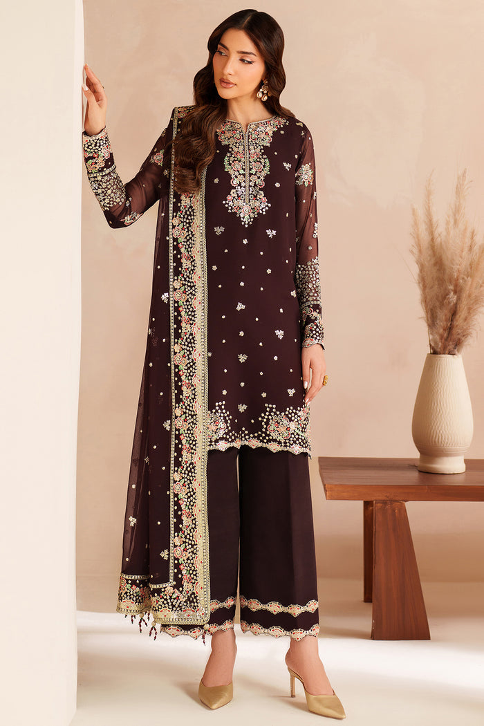 Farasha Luxury Embroidered Chiffon Unstitched 3Pc Suit - Oak Charm