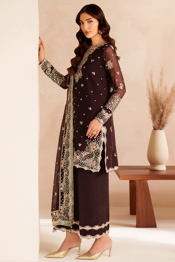 Farasha Luxury Embroidered Chiffon Unstitched 3Pc Suit - Oak Charm