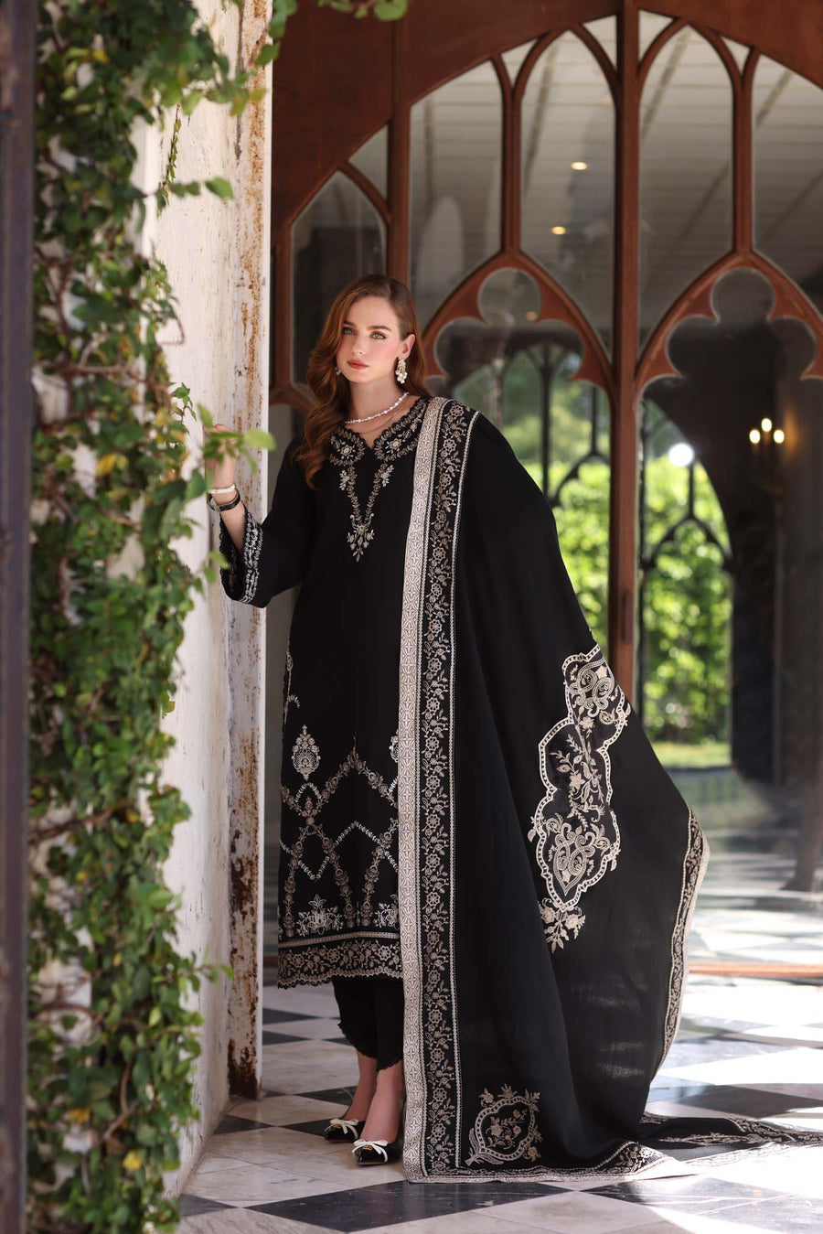 Noor by Saadia Asad Embroidered Linen Unstitched 3Pc Suit D-07 Obsidian