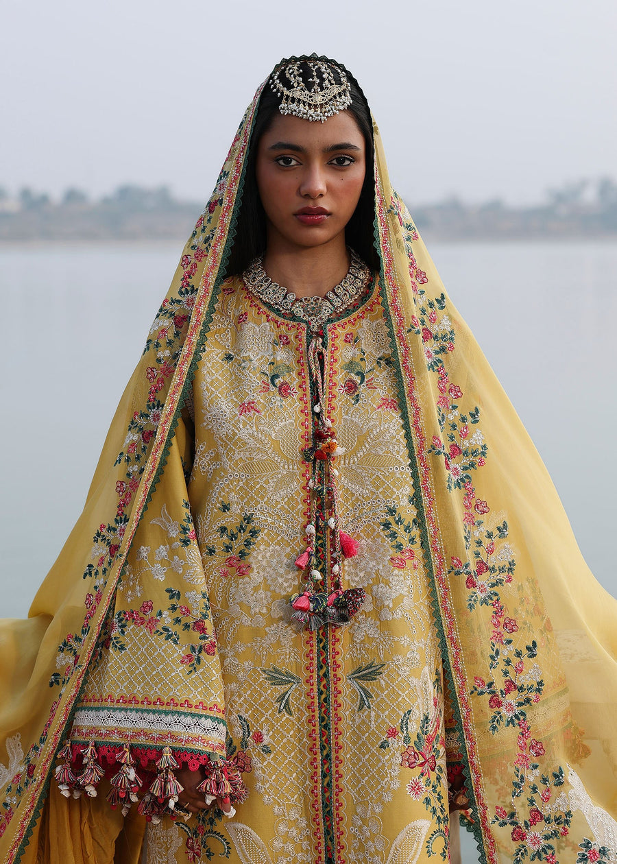Hussain Rehar Kalabagh Unstitched Embroidered Lawn 3Pc Suit - Ochre