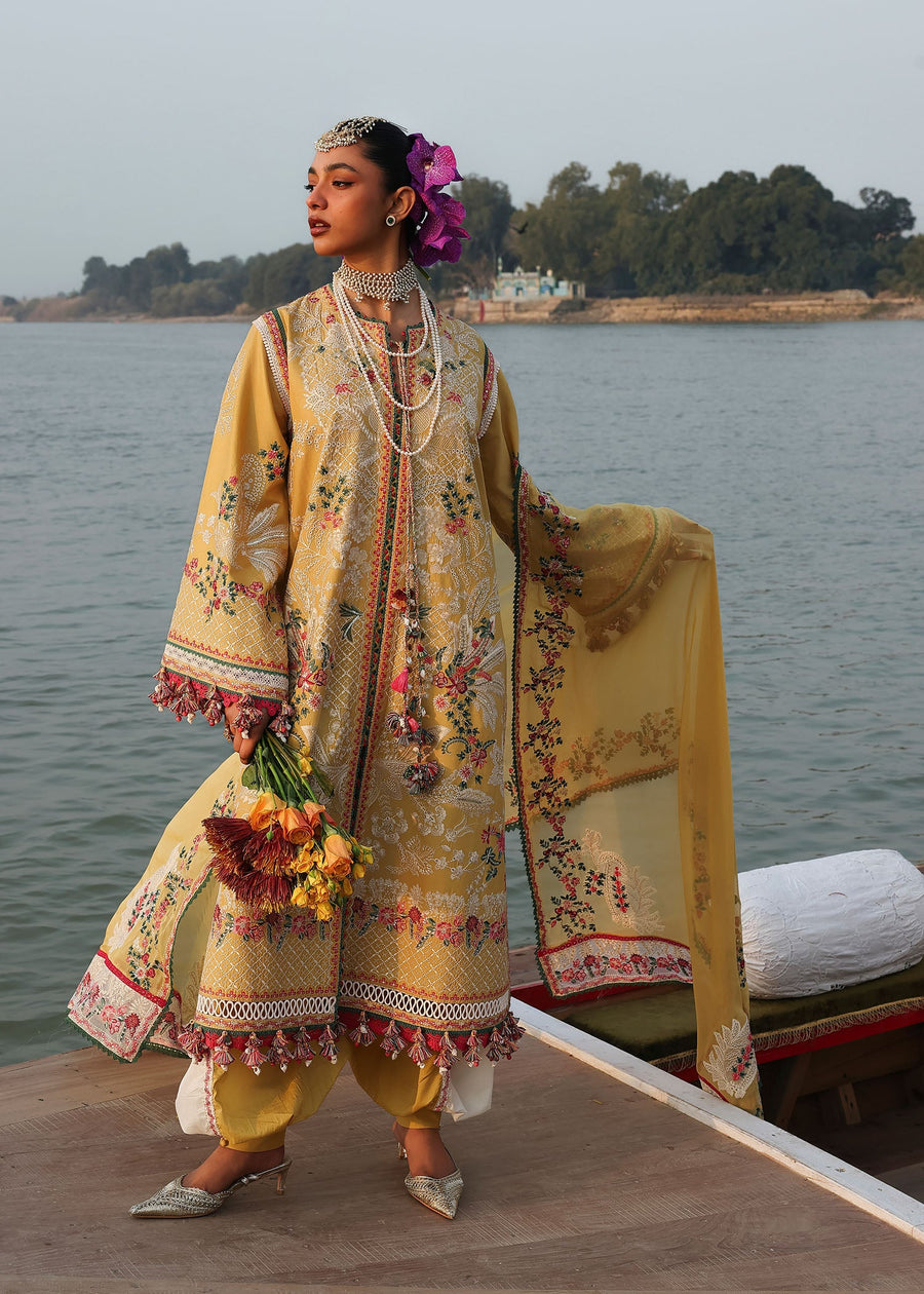 Hussain Rehar Kalabagh Unstitched Embroidered Lawn 3Pc Suit - Ochre