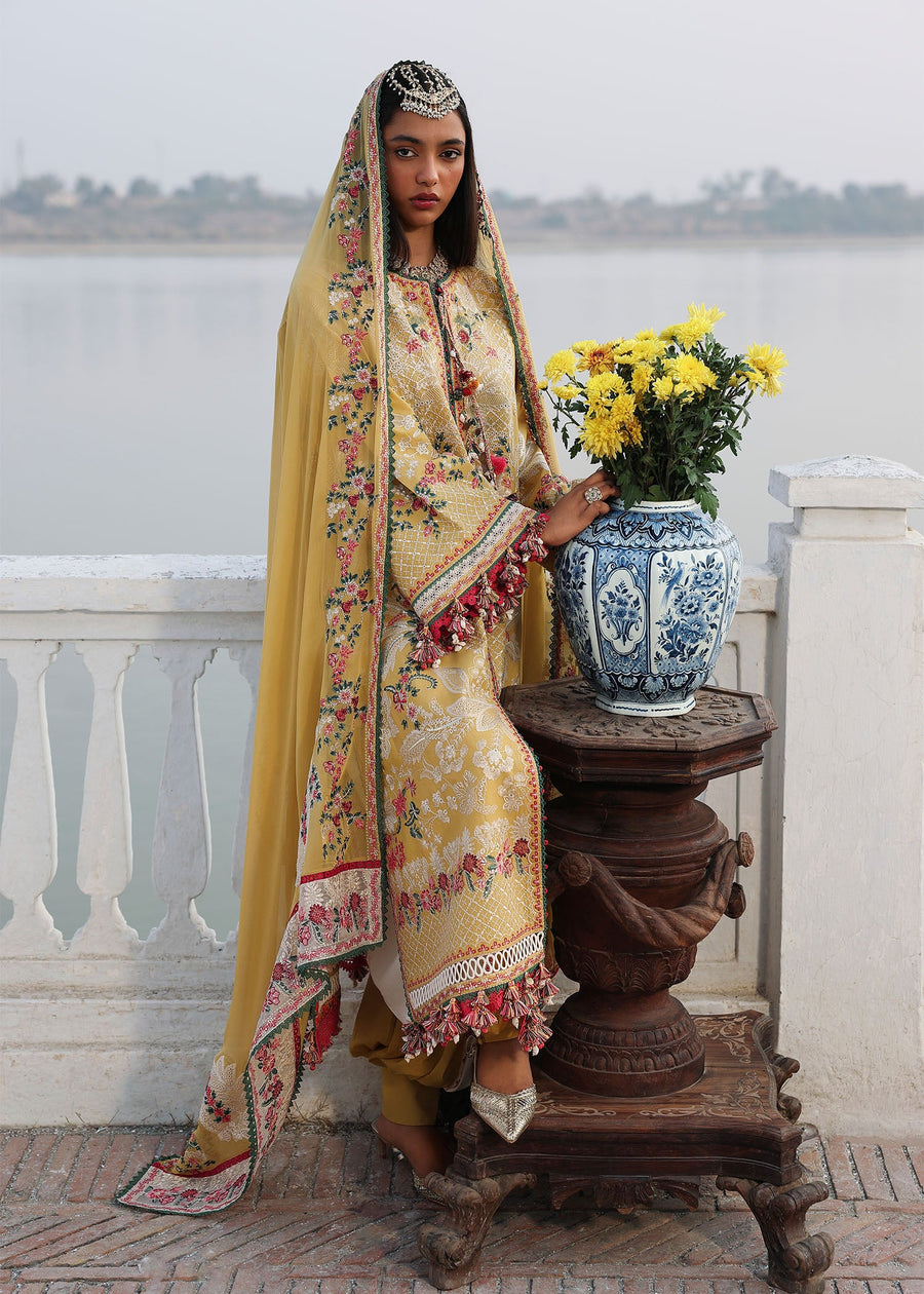Hussain Rehar Kalabagh Unstitched Embroidered Lawn 3Pc Suit - Ochre